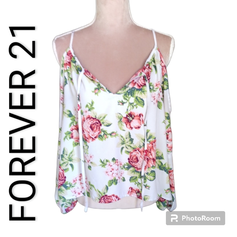 EUC* FOREVER 21| WHITE FLORAL COLD SHOULDER LONG SLEEVE BLOUSE